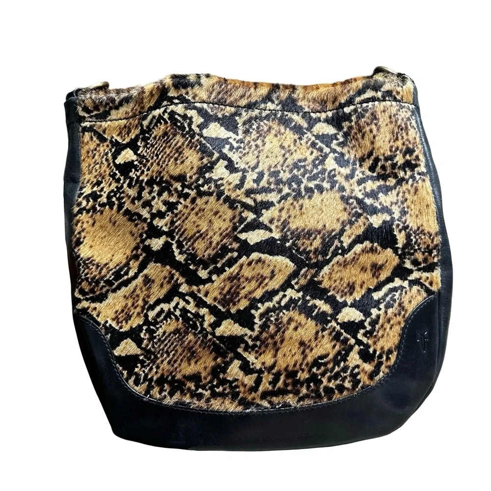 Frye Melissa Hobo Large Calfskin Snake Print Handbag Black Leather Luxury